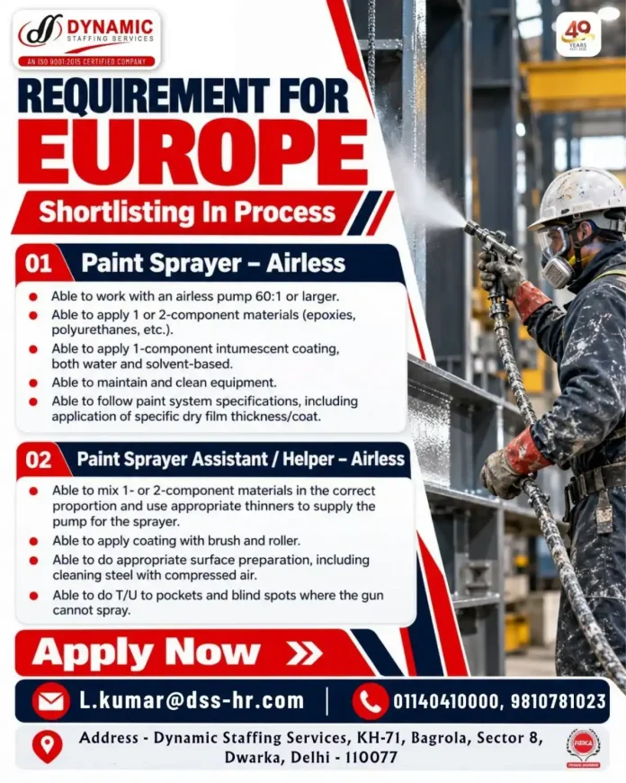 Paint sprayer airless and helper job requirement in Europe by Dynamic Staffing Services