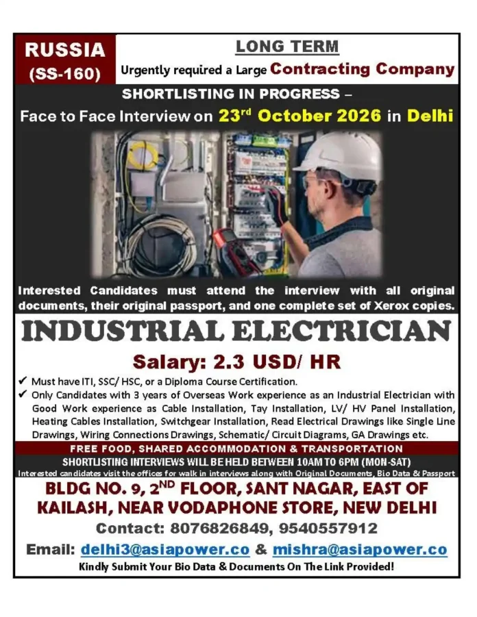Industrial Electrician job in Russia with walk-in interview in Delhi