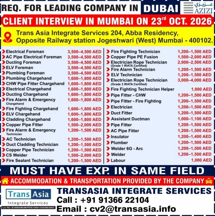 Dubai jobs client interview in Mumbai for AZIZI on 23 October 2026