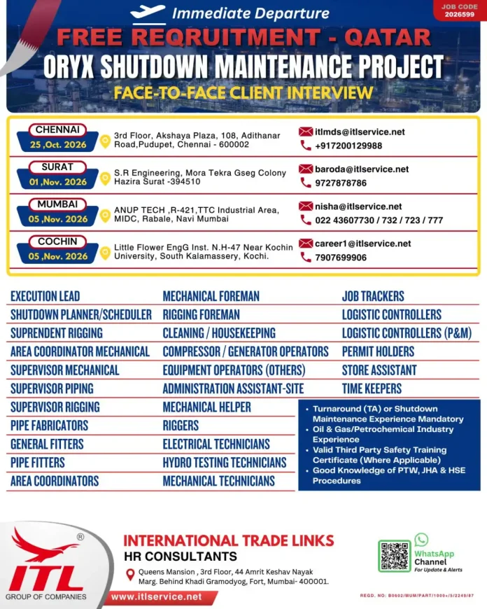 Qatar ORYX shutdown maintenance jobs 2026 recruitment interview notification