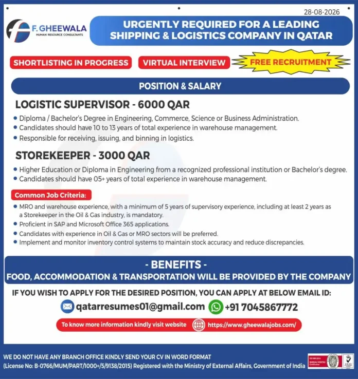 Logistics Supervisor and Storekeeper jobs in Qatar with free recruitment and virtual interview