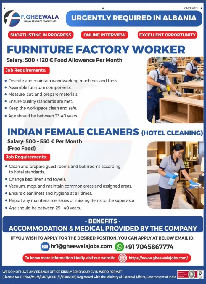 F. Gheewala Albania furniture factory worker and hotel cleaner job vacancy