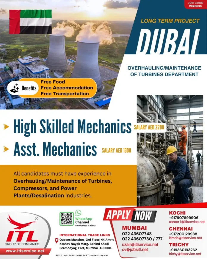 Turbine overhauling maintenance mechanics jobs DUBAL Dubai ITL Group