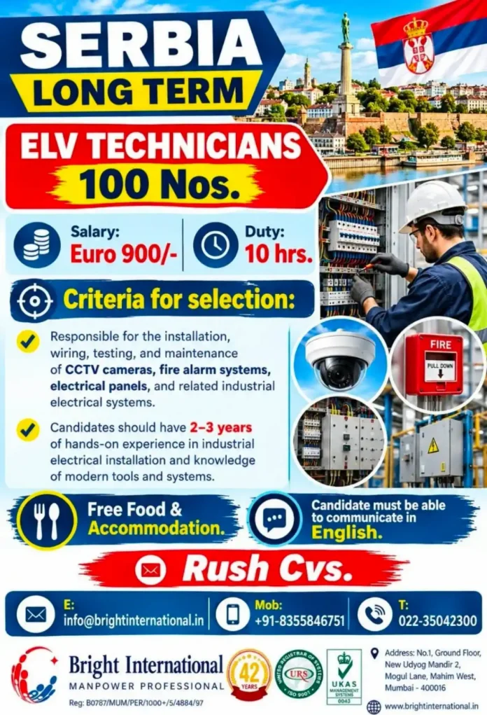 ELV Technician jobs in Serbia with free food and accommodation