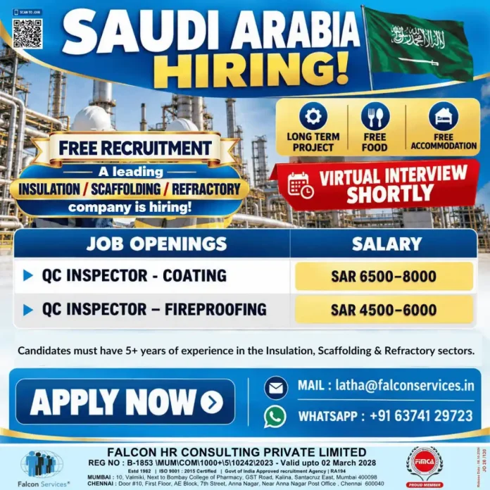 QC Inspector Coating and Fireproofing job vacancy in Saudi Arabia with free recruitment by Falcon Services