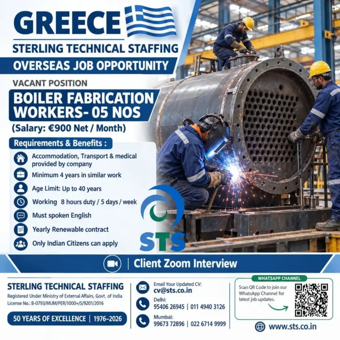 Boiler fabrication workers job vacancy in Greece with Sterling Technical Staffing