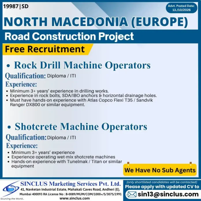 Rock Drill Machine Operator and Shotcrete Machine Operator jobs in North Macedonia road construction project