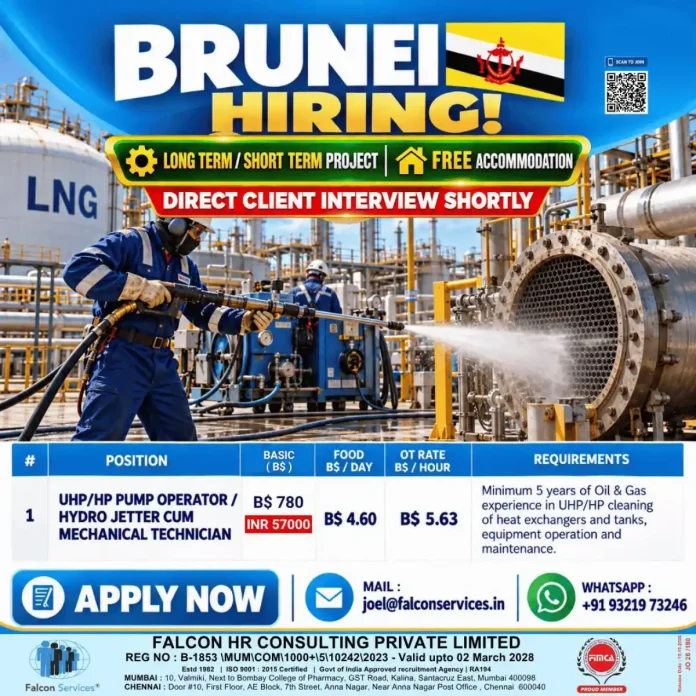 LNG Brunei UHP HP Pump Operator and Hydro Jetter cum Mechanical Technician job vacancy poster