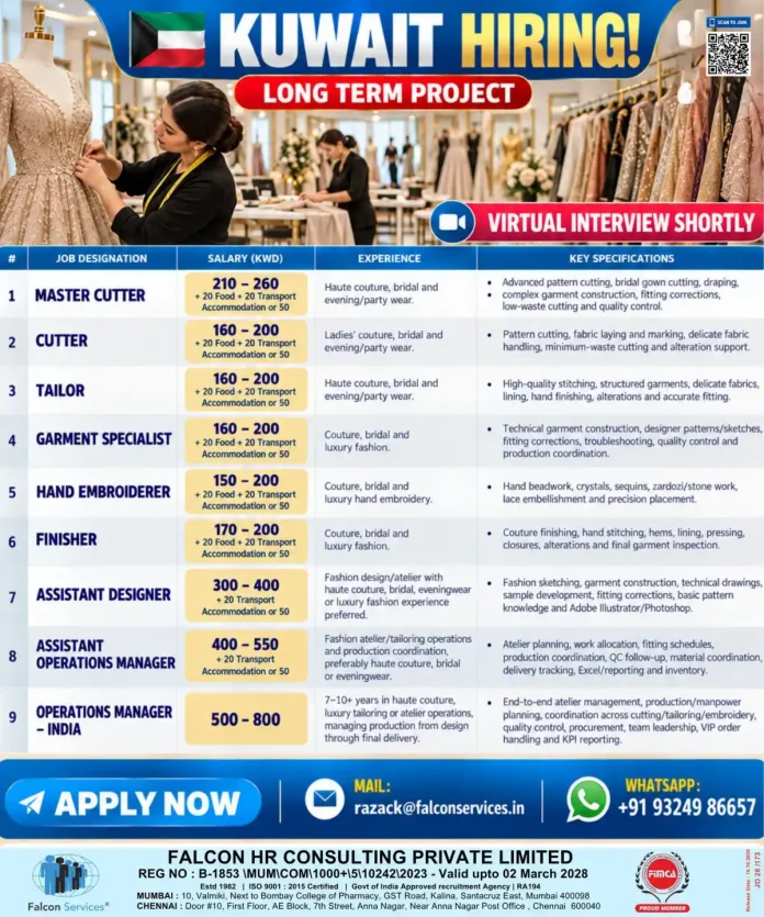 Kuwait garment jobs 2026 hiring poster for master cutter, tailor, hand embroiderer, assistant designer and operations manager