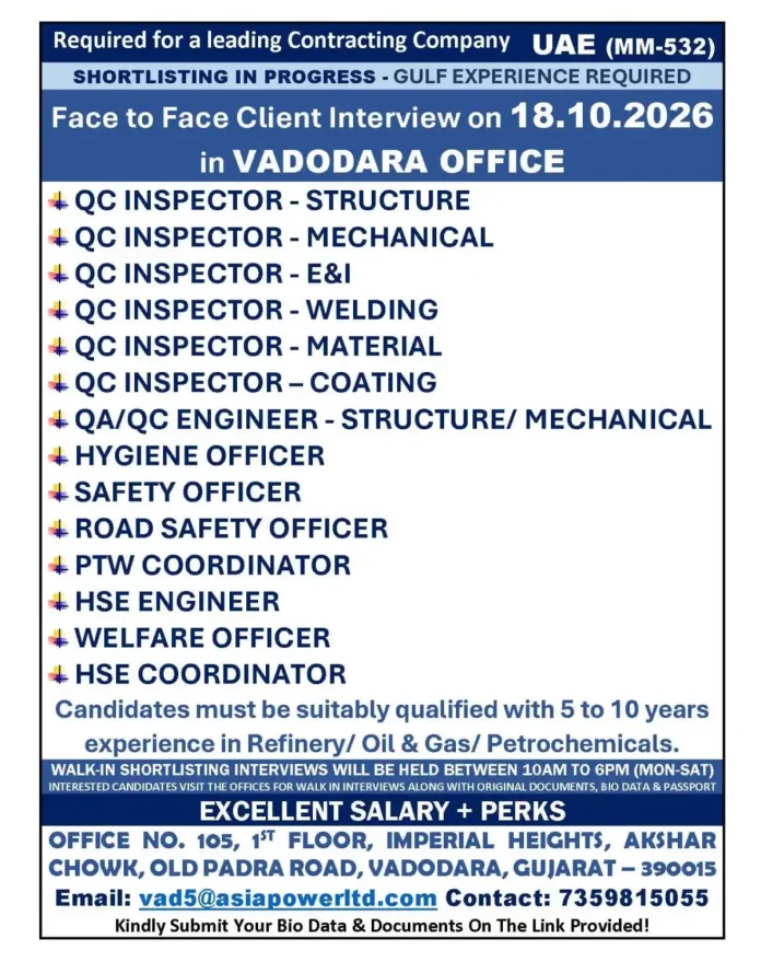 QC Inspector and HSE jobs UAE walk-in interview Vadodara