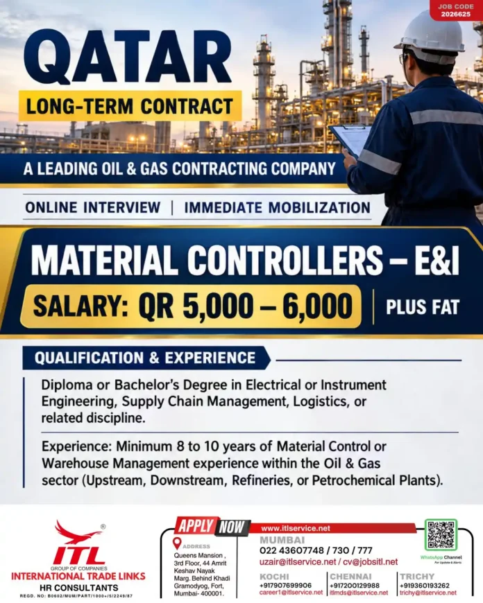 Material Controllers E&I job vacancy in Qatar with leading Oil & Gas contracting company