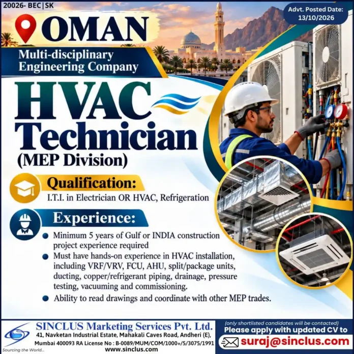 HVAC Technician Job in Oman – MEP Division