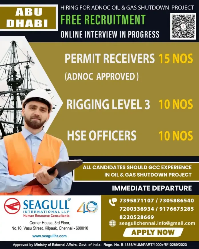 ADNOC Oil and Gas Shutdown Project jobs in Abu Dhabi for Permit Receiver, Rigging Level 3 and HSE Officer