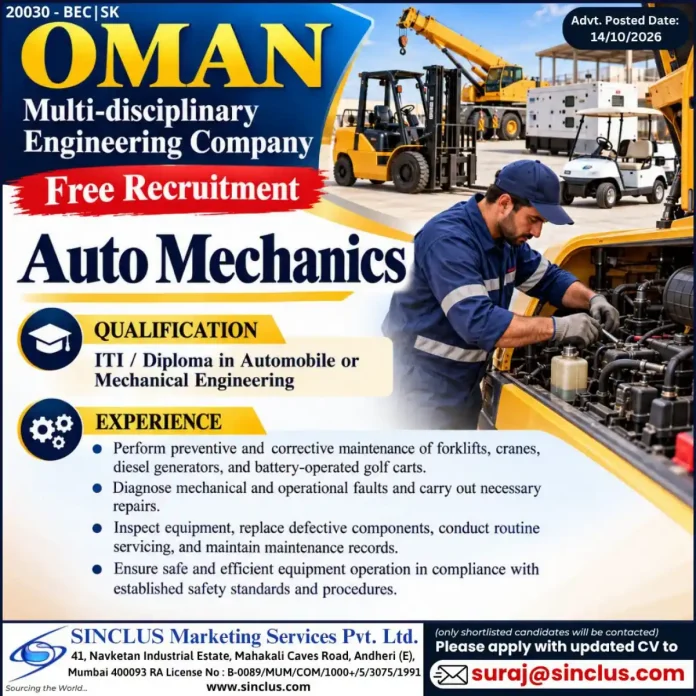 Auto Mechanic Jobs in Oman with BEC | SK Oman - Free Recruitment