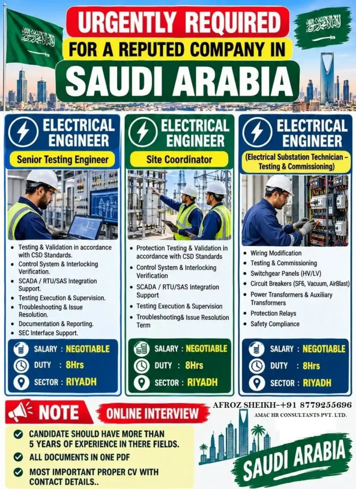 Electrical engineer testing and commissioning substation equipment in Saudi Arabia