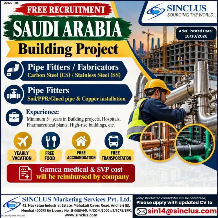 Pipe fitters and fabricators working on industrial piping for a Saudi Arabia building project