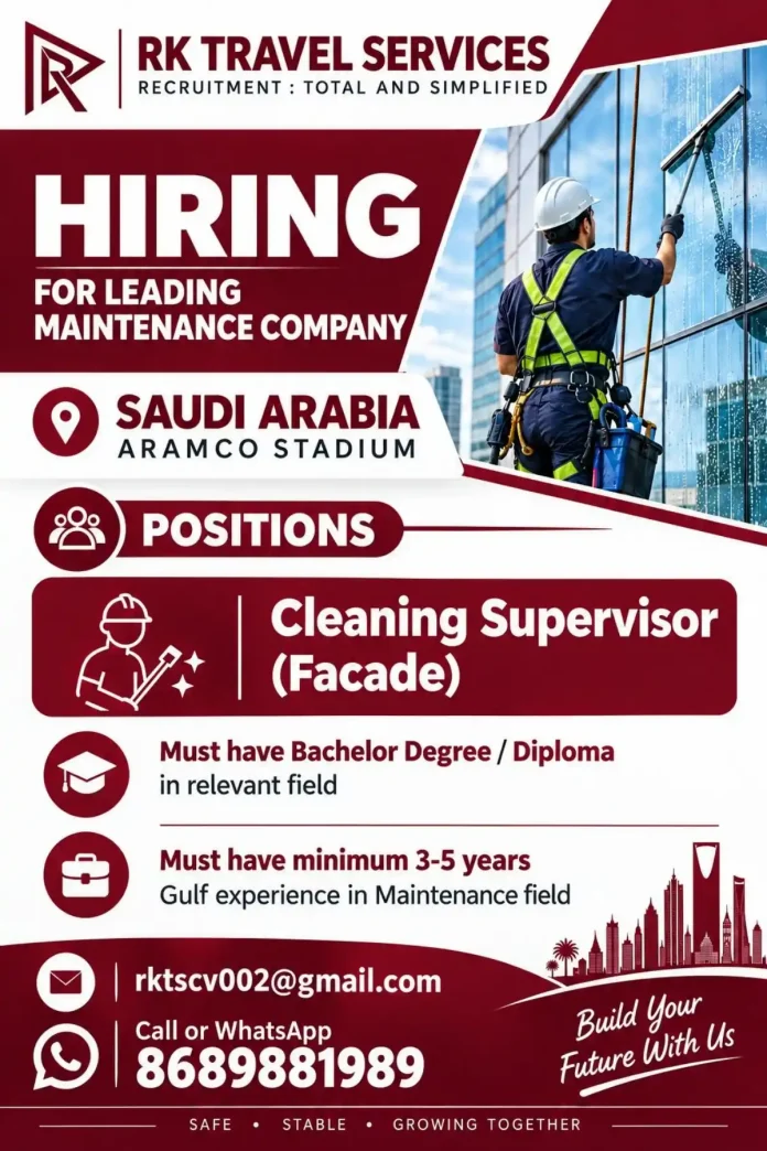Cleaning Supervisor Facade job at Aramco Stadium Saudi Arabia