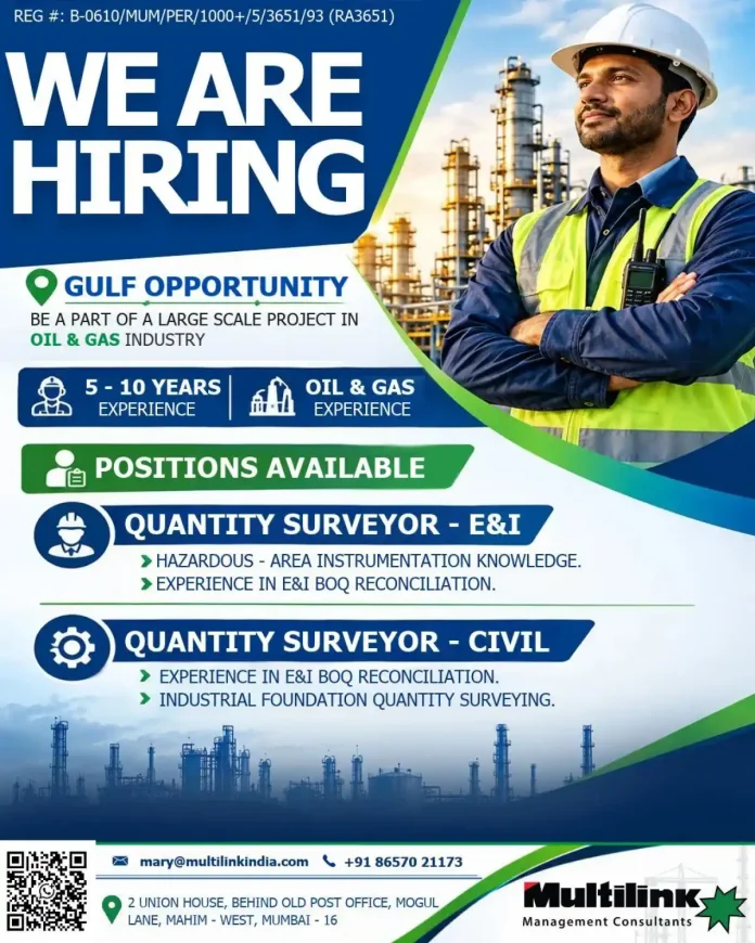 Quantity Surveyor – E&I and Civil Gulf Oil and Gas job opportunity