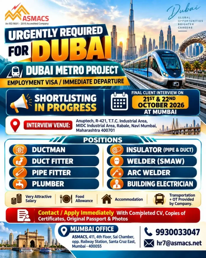 ASMACS Dubai Metro Project jobs 2026 final client interview Mumbai