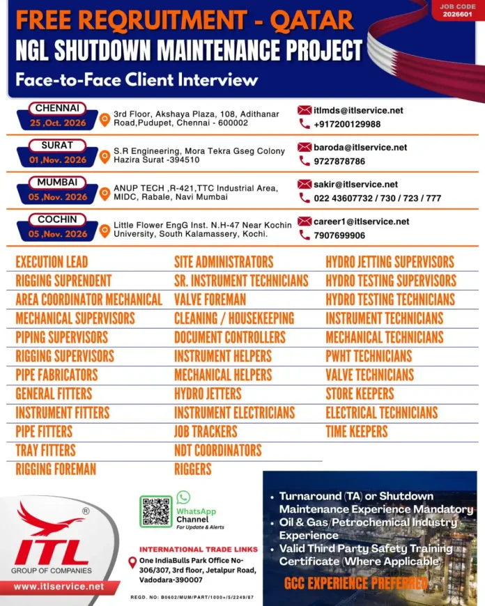Qatar NGL shutdown maintenance recruitment 2026 face-to-face client interview