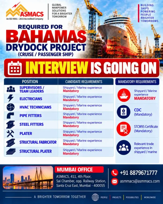 ASMACS Bahamas Drydock Project recruitment for cruise and passenger ship shipyard jobs