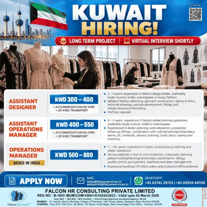 Falcon Services hiring fashion designer and operations manager jobs in Kuwait