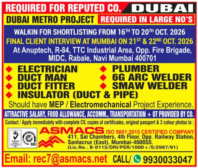 Dubai Metro Project Recruitment 2026 - Job Vacancies for Electrician, Plumber, Welder