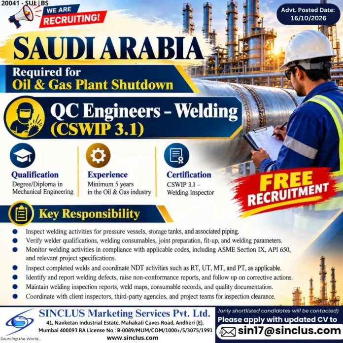 QC Welding Engineer CSWIP 3.1 job in Saudi Arabia oil and gas shutdown