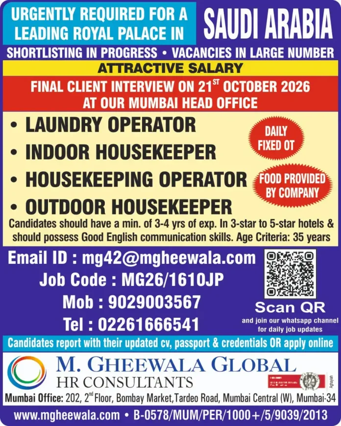 Royal Palace Housekeeping Jobs Saudi Arabia Interview Mumbai 2026