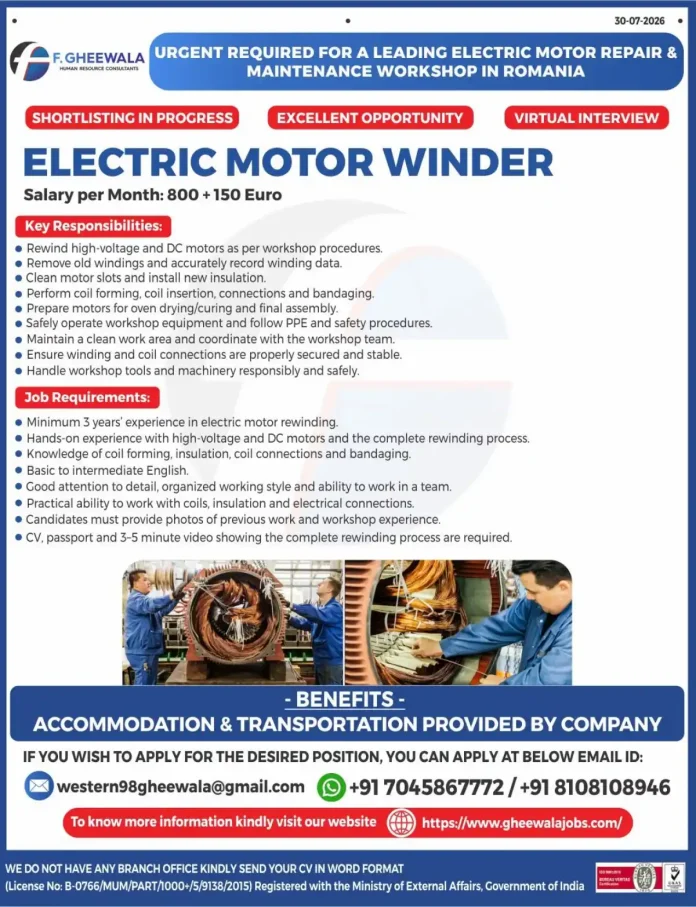 Electric Motor Winder Job in Romania – Rewinding Workshop Vacancy