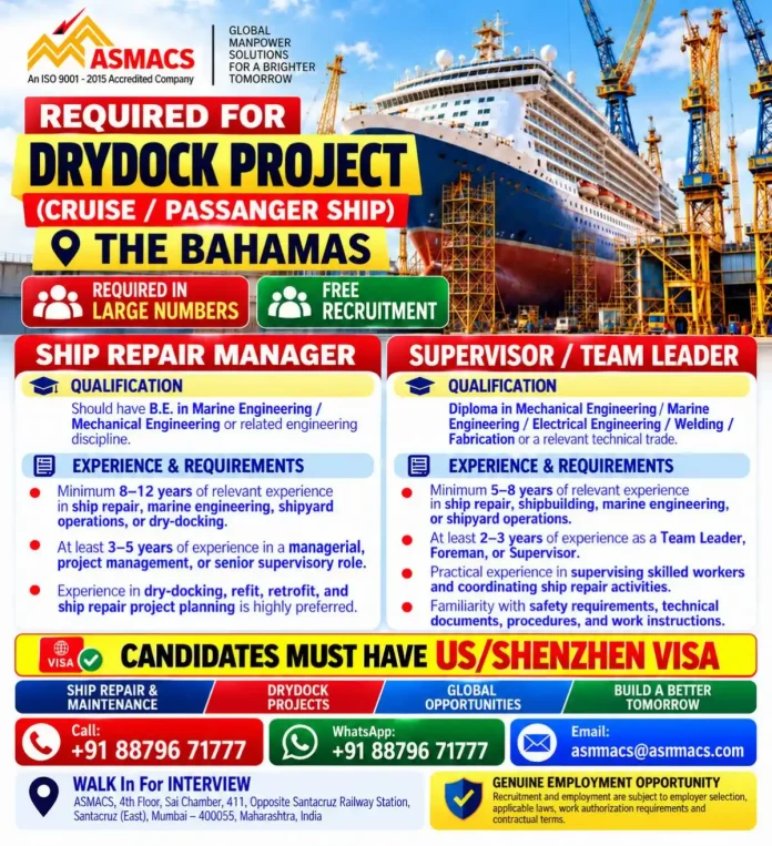 ASMACS ship repair manager and supervisor jobs in The Bahamas drydock project
