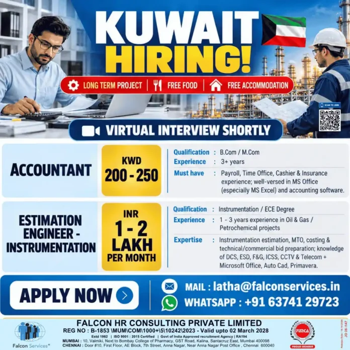 Accountant and Estimation Engineer jobs in Kuwait with Falcon Services