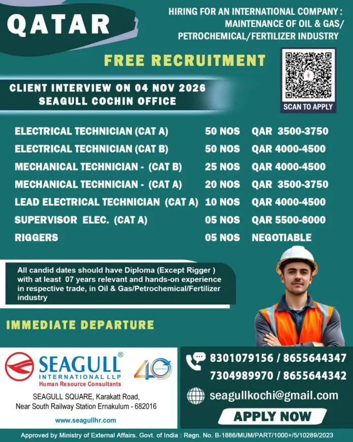 Qatar oil and gas technician jobs free recruitment client interview 04 Nov 2026 Seagull Cochin