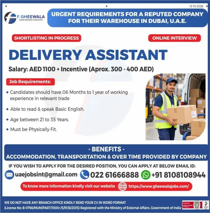 Delivery Assistant Jobs in Dubai with accommodation, transportation and overtime