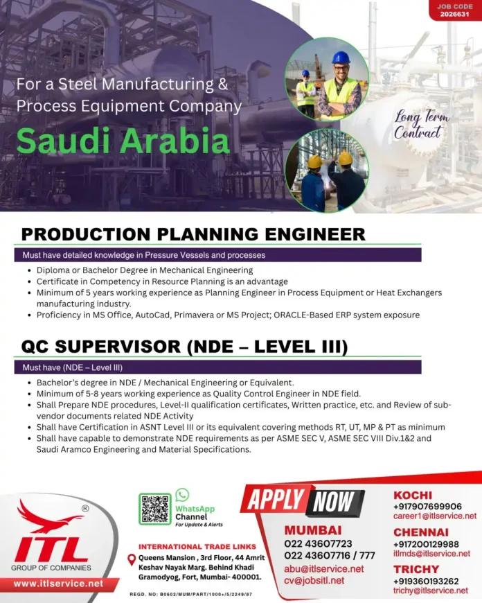 Production Planning Engineer and QC Supervisor jobs in Saudi Arabia with ITL Group