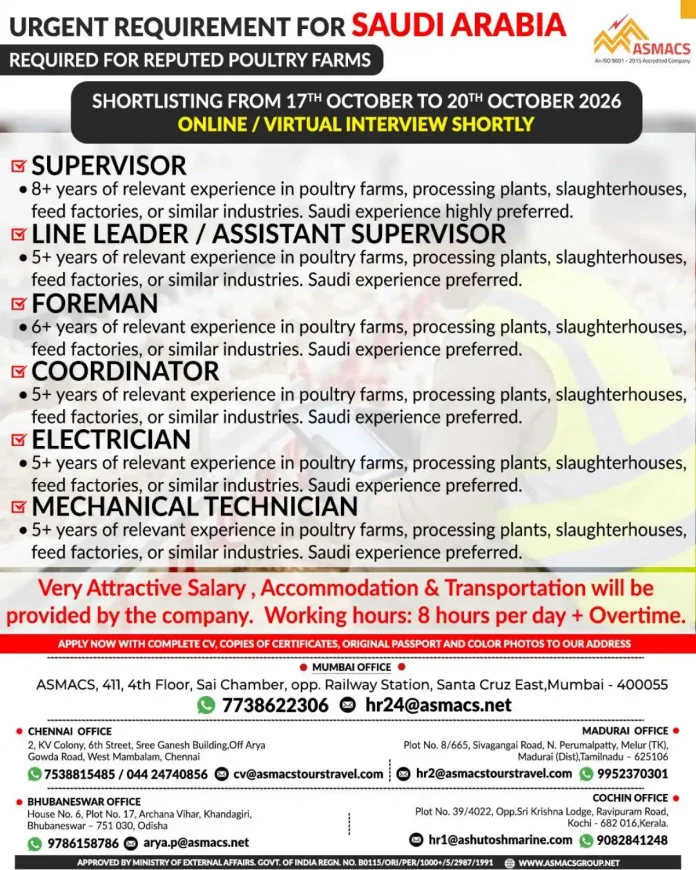Poultry farm workers required for Saudi Arabia through ASMACS