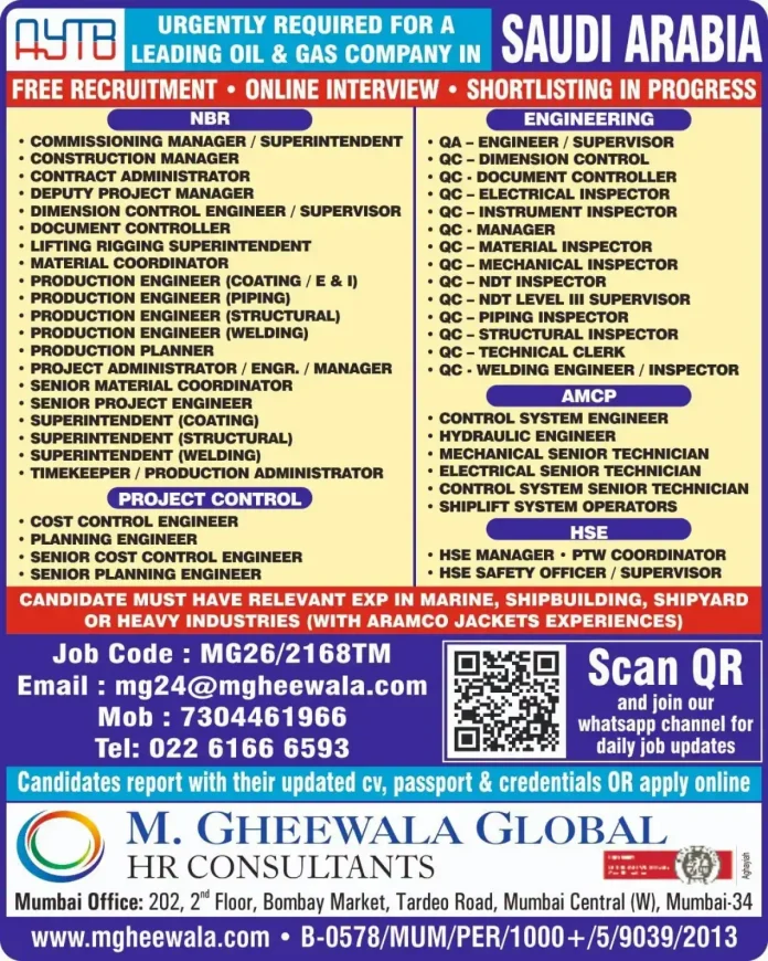Oil and gas jobs in Saudi Arabia recruitment by M. Gheewala Global