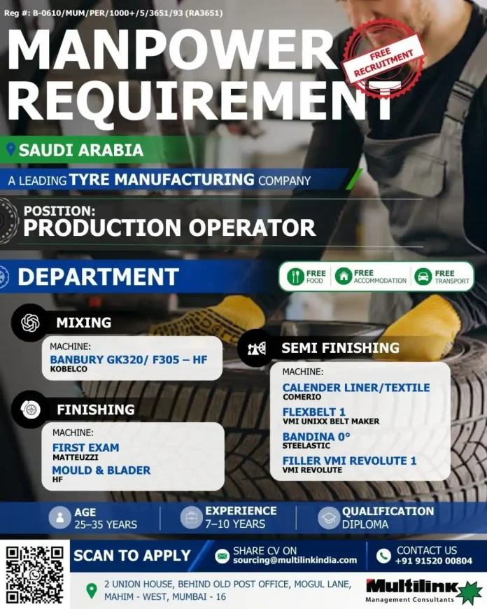 Production Operator job in Saudi Arabia at a leading tyre manufacturing company