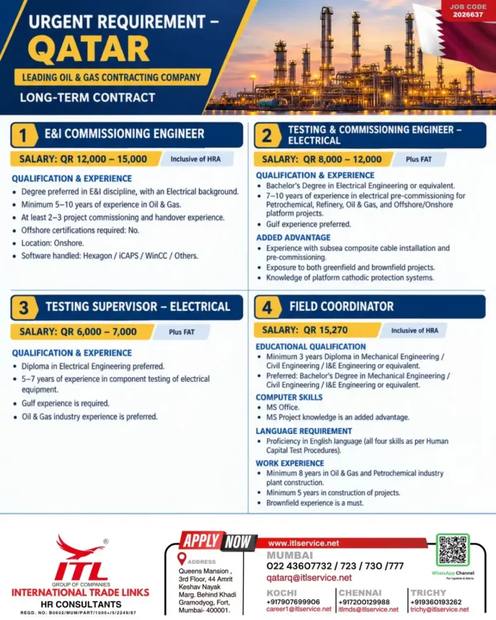Qatar oil and gas jobs for E&I commissioning engineer and electrical testing professionals