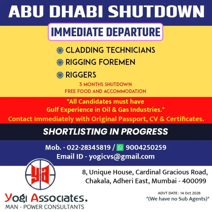 Abu Dhabi shutdown job vacancy for cladding technicians, rigging foremen and riggers