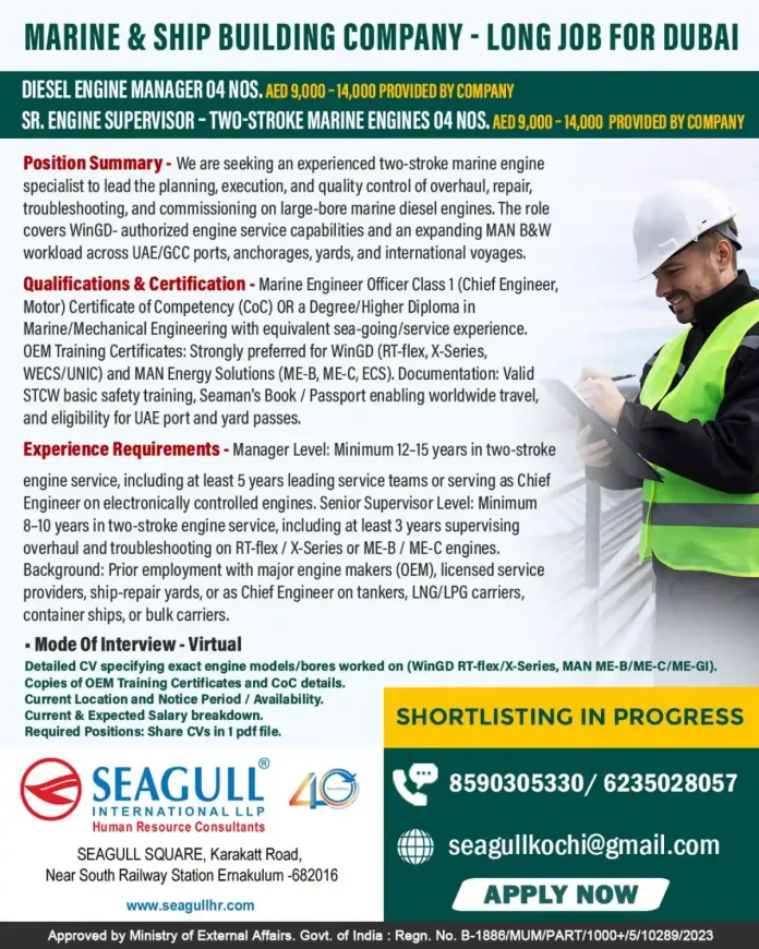 Diesel Engine Manager and Sr. Engine Supervisor jobs in Dubai marine and ship building company