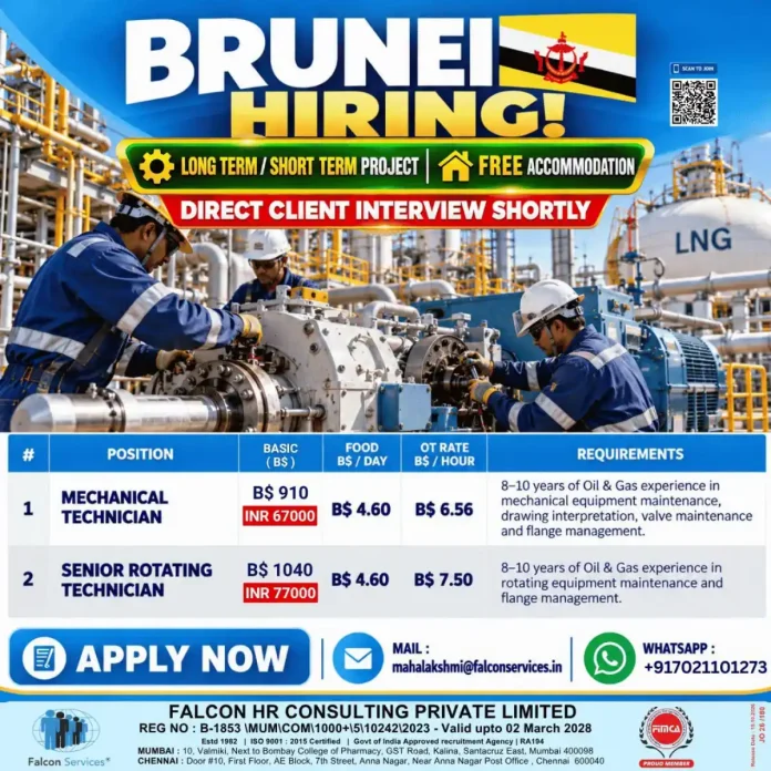 Mechanical Technician and Senior Rotating Technician Jobs in Brunei Oil & Gas LNG Project