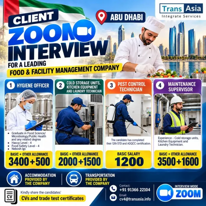 Food and facility management jobs in Abu Dhabi with vacancies for hygiene officer, technician, pest control, and maintenance supervisor