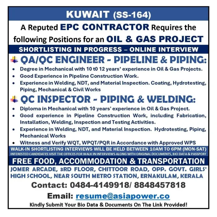 QA/QC Engineer and QC Inspector job vacancy for Oil & Gas project in Kuwait