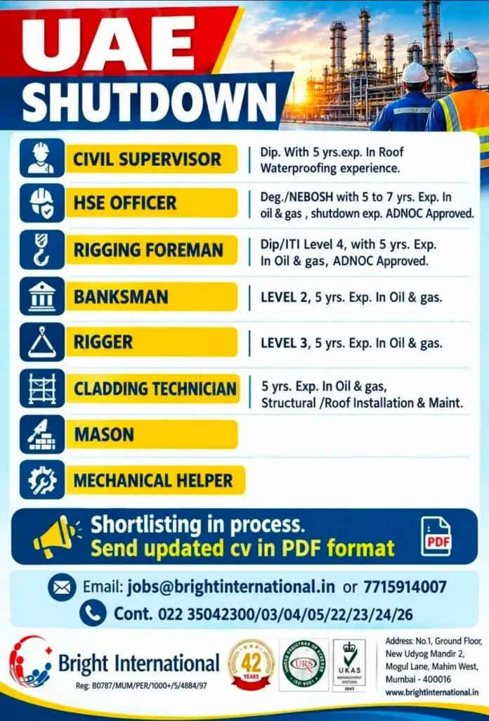 UAE shutdown jobs recruitment by Bright International for civil, HSE, rigging and mechanical roles