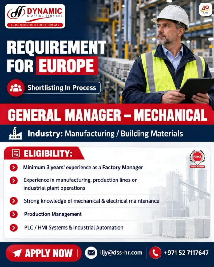General Manager Mechanical job in Europe with DSS Dynamic Staffing Services