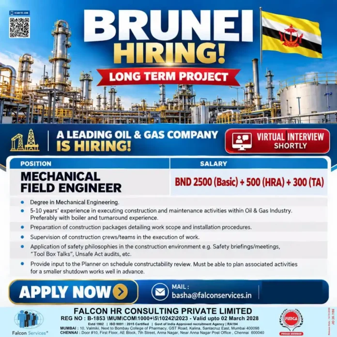 Mechanical Field Engineer oil and gas job vacancy in Brunei with Falcon Services