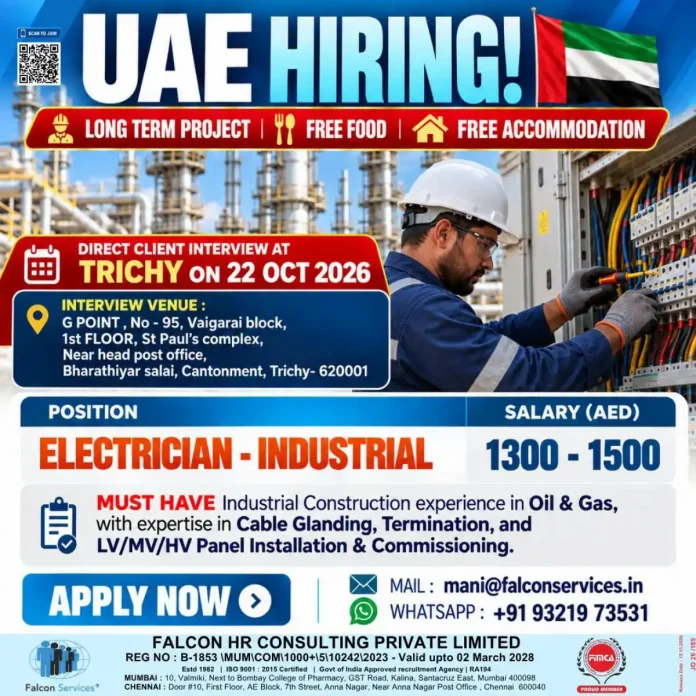 Industrial Electrician UAE job vacancy with Falcon Services and direct client interview in Trichy