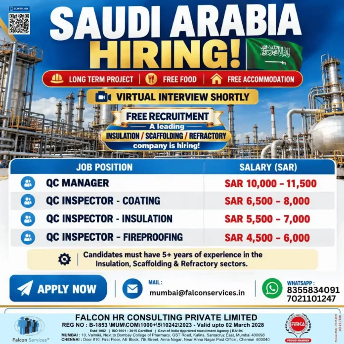 QC Manager and QC Inspector jobs in Saudi Arabia with free food and accommodation
