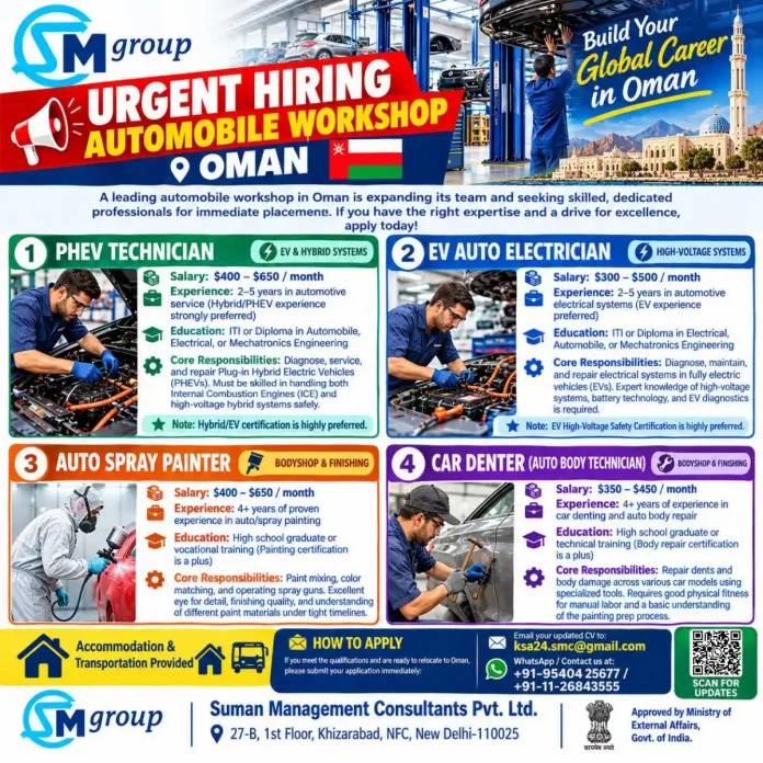 Automobile workshop jobs in Oman for PHEV Technician, EV Auto Electrician, Auto Spray Painter and Car Denter